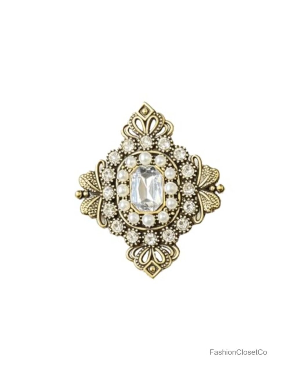 Boho Vintage Rhombus Crystal Pearl Statement Brooch for Women